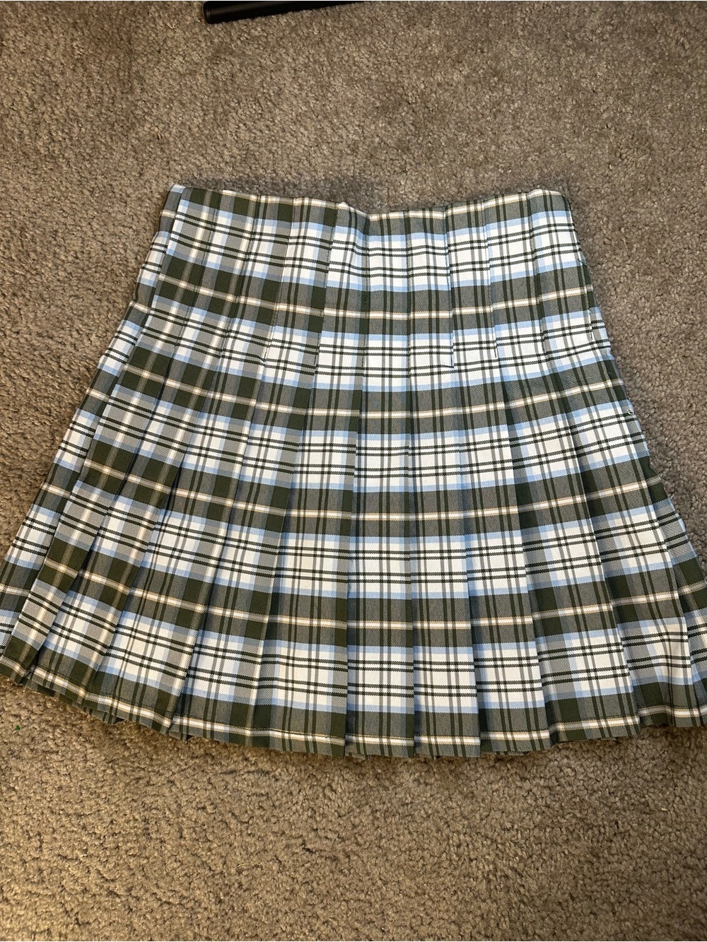 No Boundaries Olive and White Pleated Plaid Mini Skirt